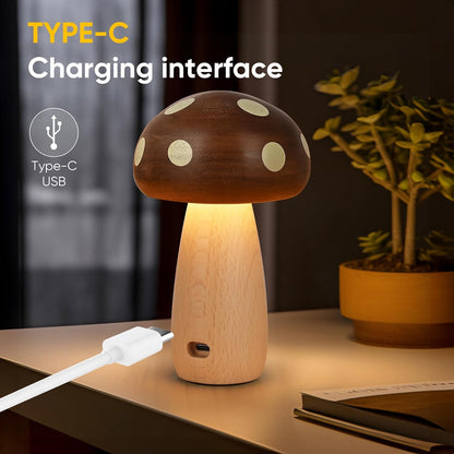 Wood Mushroom Table Lamps, 2-Pack, Rechargeable Cordless Touch Dimming