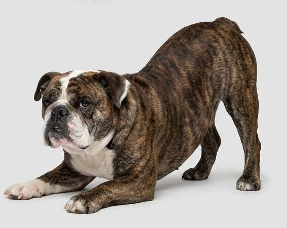 Agnes the brindle English bulldog in a playful bow