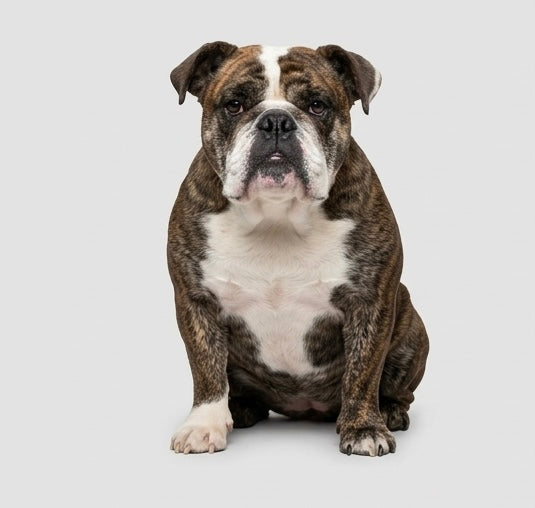 Agnes the brindle English bulldog sitting