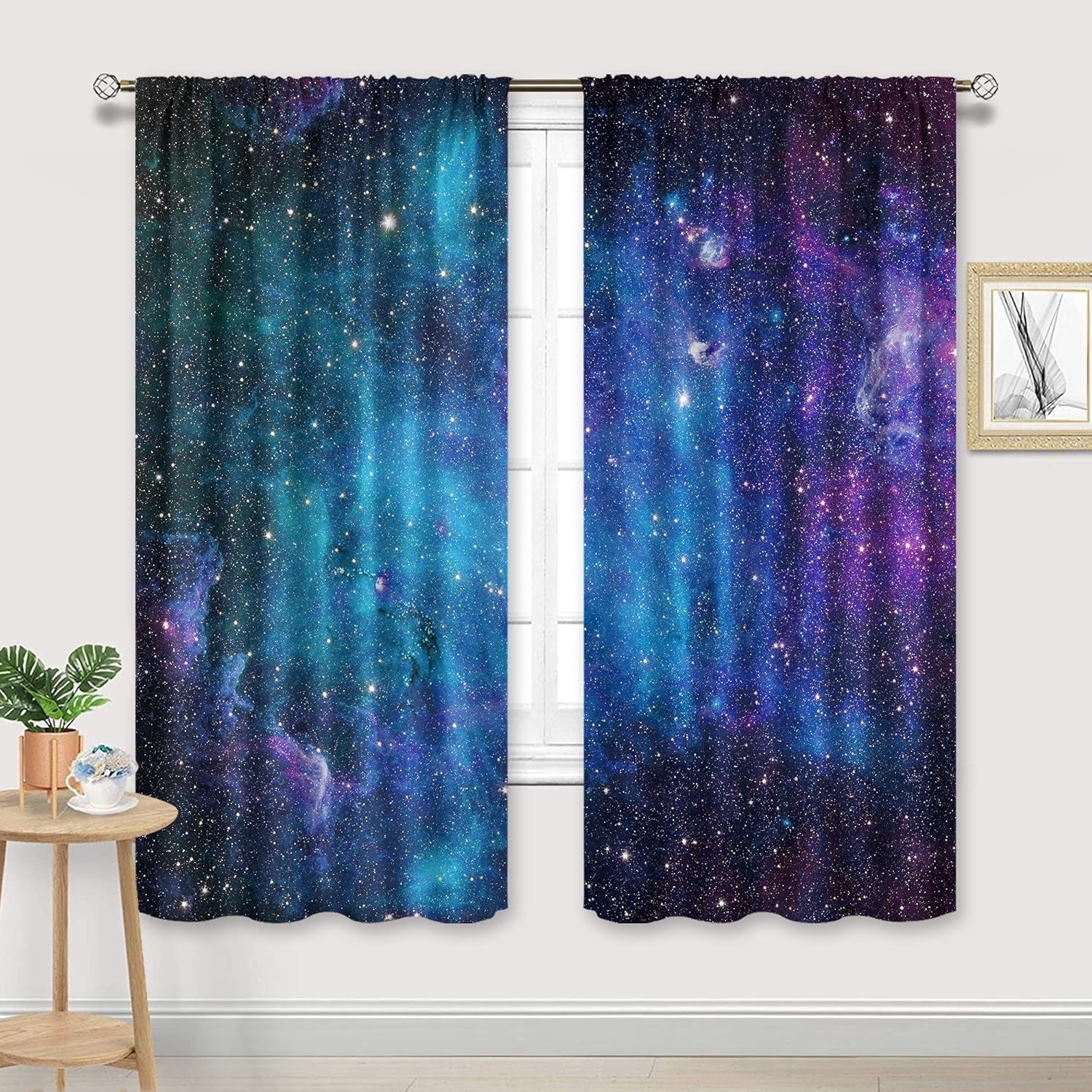 Kids Galaxy Nebula Curtains - 42"x63" Rod Pocket Drapes for Boys & Girls - Blue Universe with Planets & Stars - Perfect for Fantasy Bedrooms & Living Rooms - 2 Panels