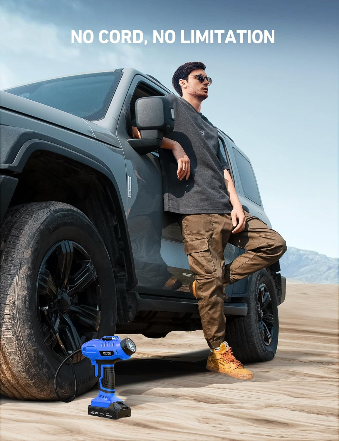 C2 Portable Cordless Tire Inflator - 20V Rechargeable Air Compressor with 160PSI, Digital Pressure Gauge & 12V Car Adapter for Cars & Motorcycles - Sleek Blue Design