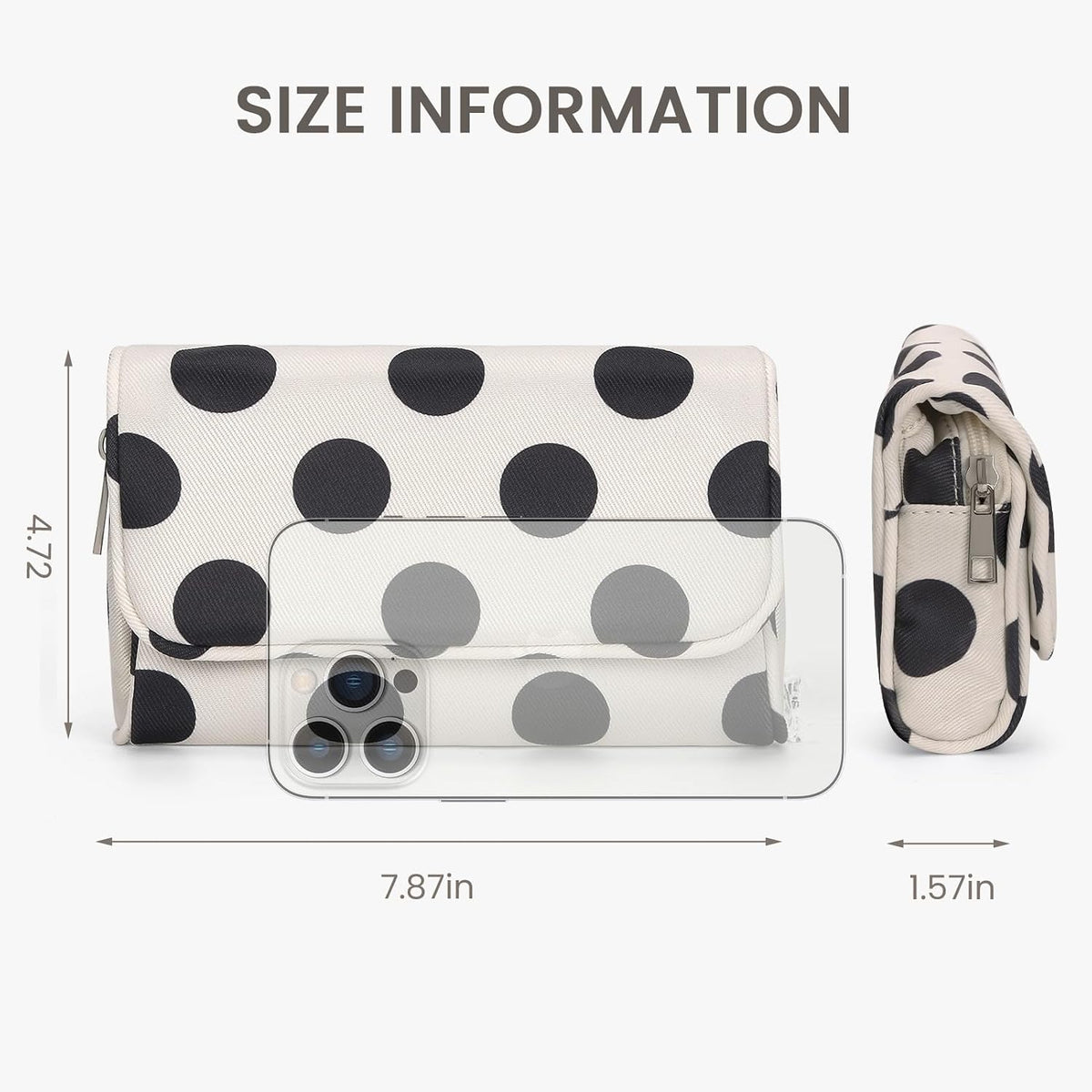 Cute Nylon Makeup Bag with Built-In Mirror, Travel Cosmetic Bag, White Polka Dot