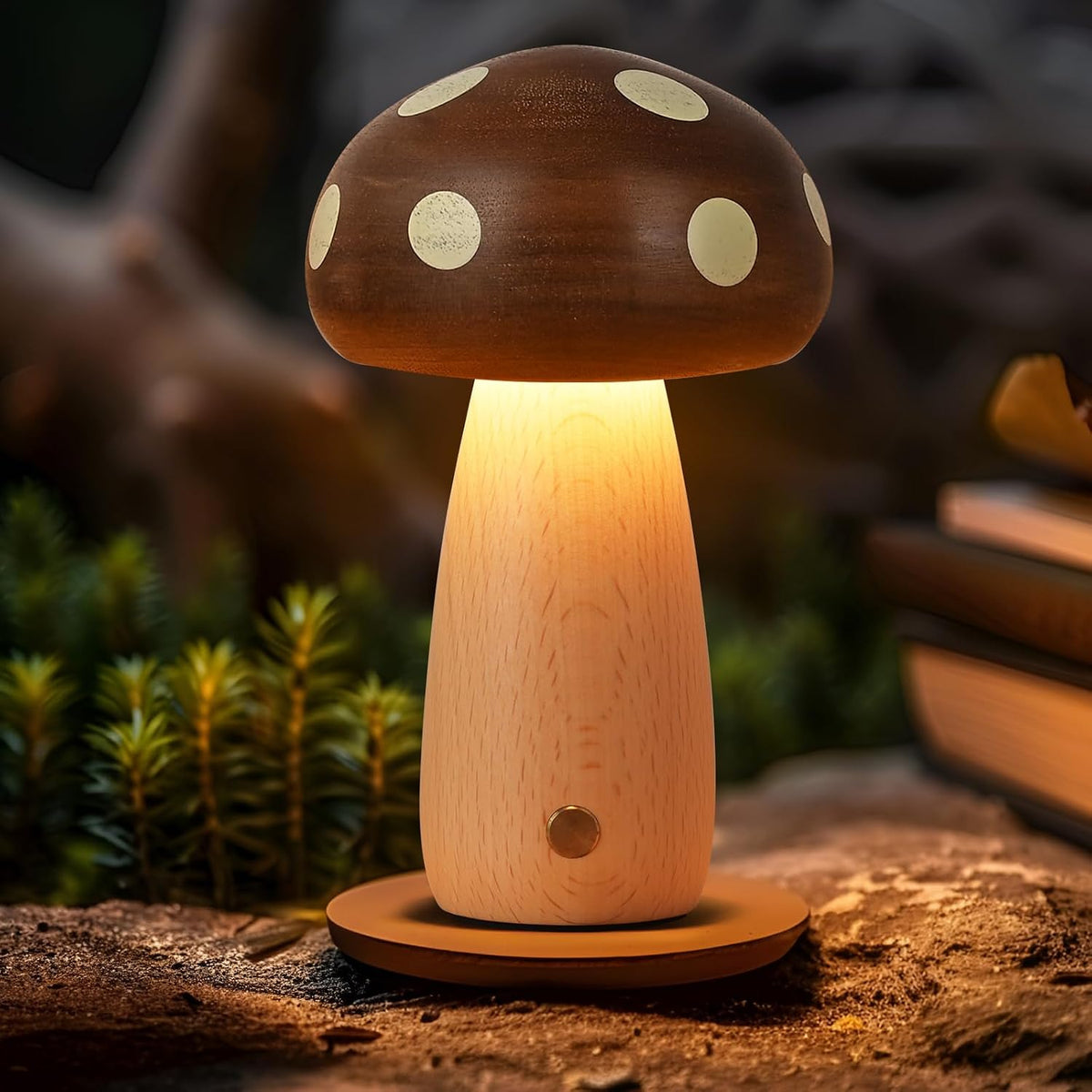 Wood Mushroom Table Lamps, 2-Pack, Rechargeable Cordless Touch Dimming