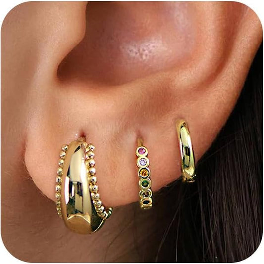 Statement Gold Hoop Earring Stack, 4 Pairs, Hypoallergenic Surgical Steel