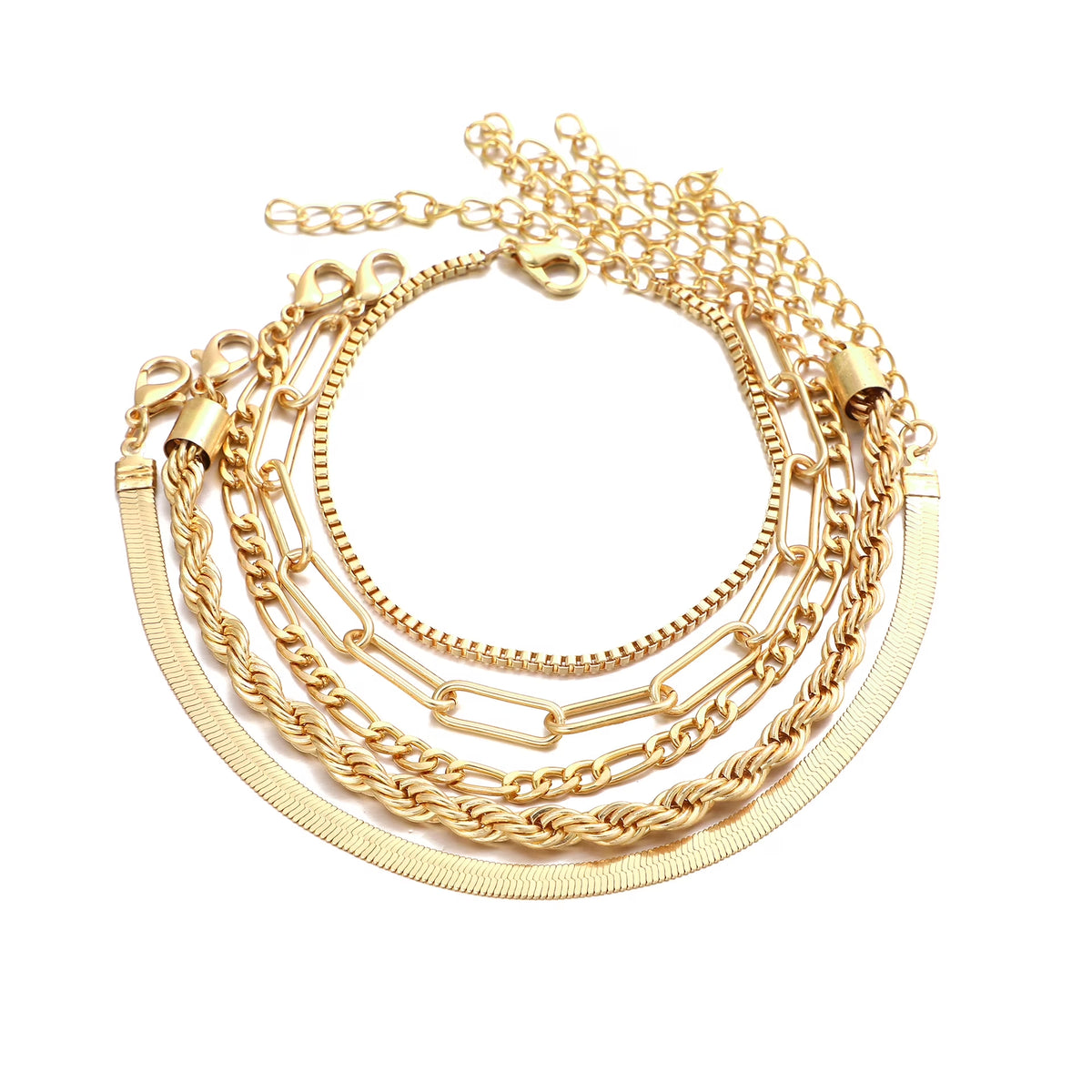 Gold Link Layered Bracelet Set, 14K Gold Plated, Adjustable