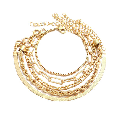 Gold Link Layered Bracelet Set, 14K Gold Plated, Adjustable