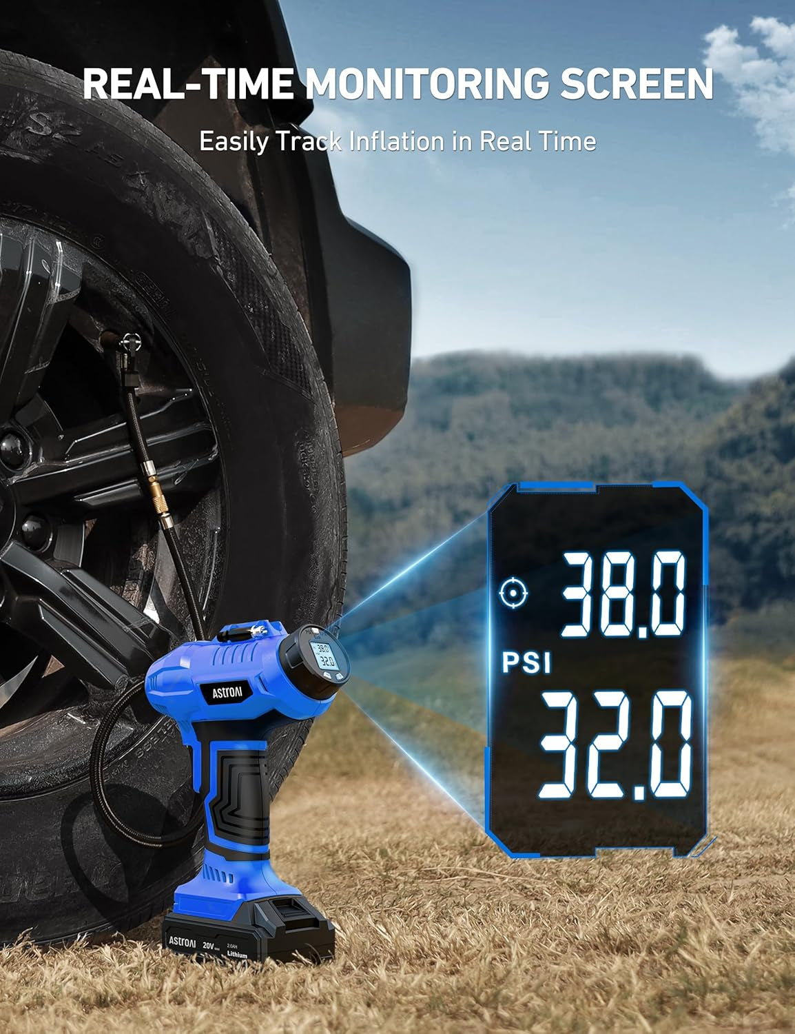 C2 Portable Cordless Tire Inflator - 20V Rechargeable Air Compressor with 160PSI, Digital Pressure Gauge & 12V Car Adapter for Cars & Motorcycles - Sleek Blue Design