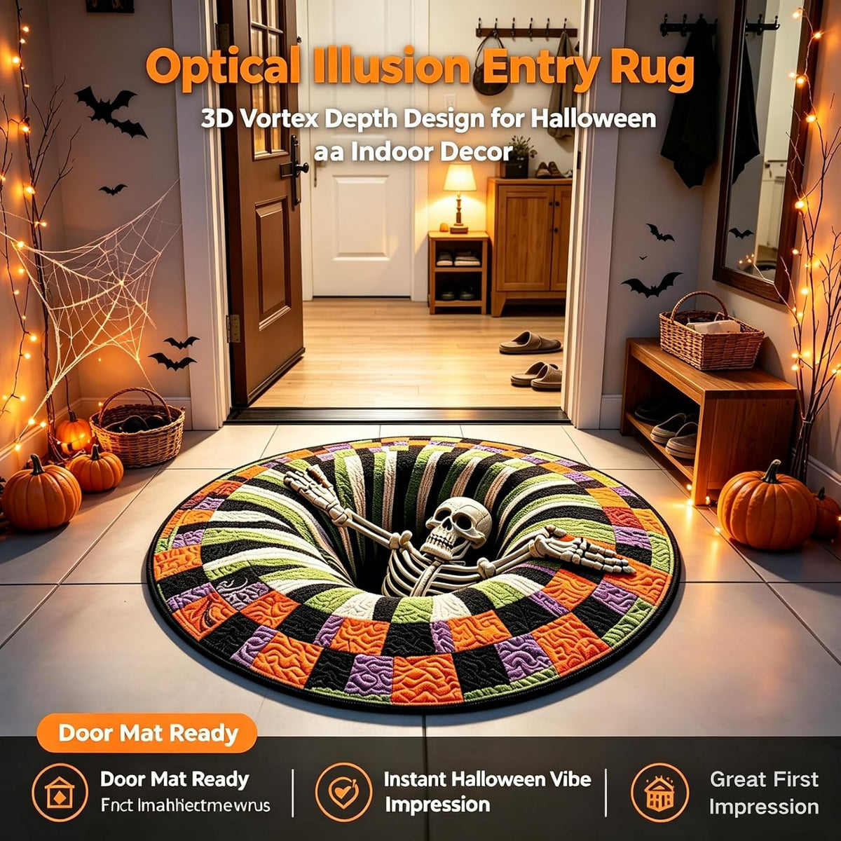 3D Optical Illusion Halloween Rug, 24 in round Non-Slip Mat