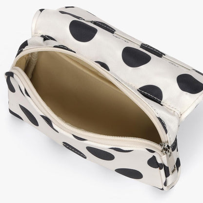 Cute Nylon Makeup Bag with Built-In Mirror, Travel Cosmetic Bag, White Polka Dot