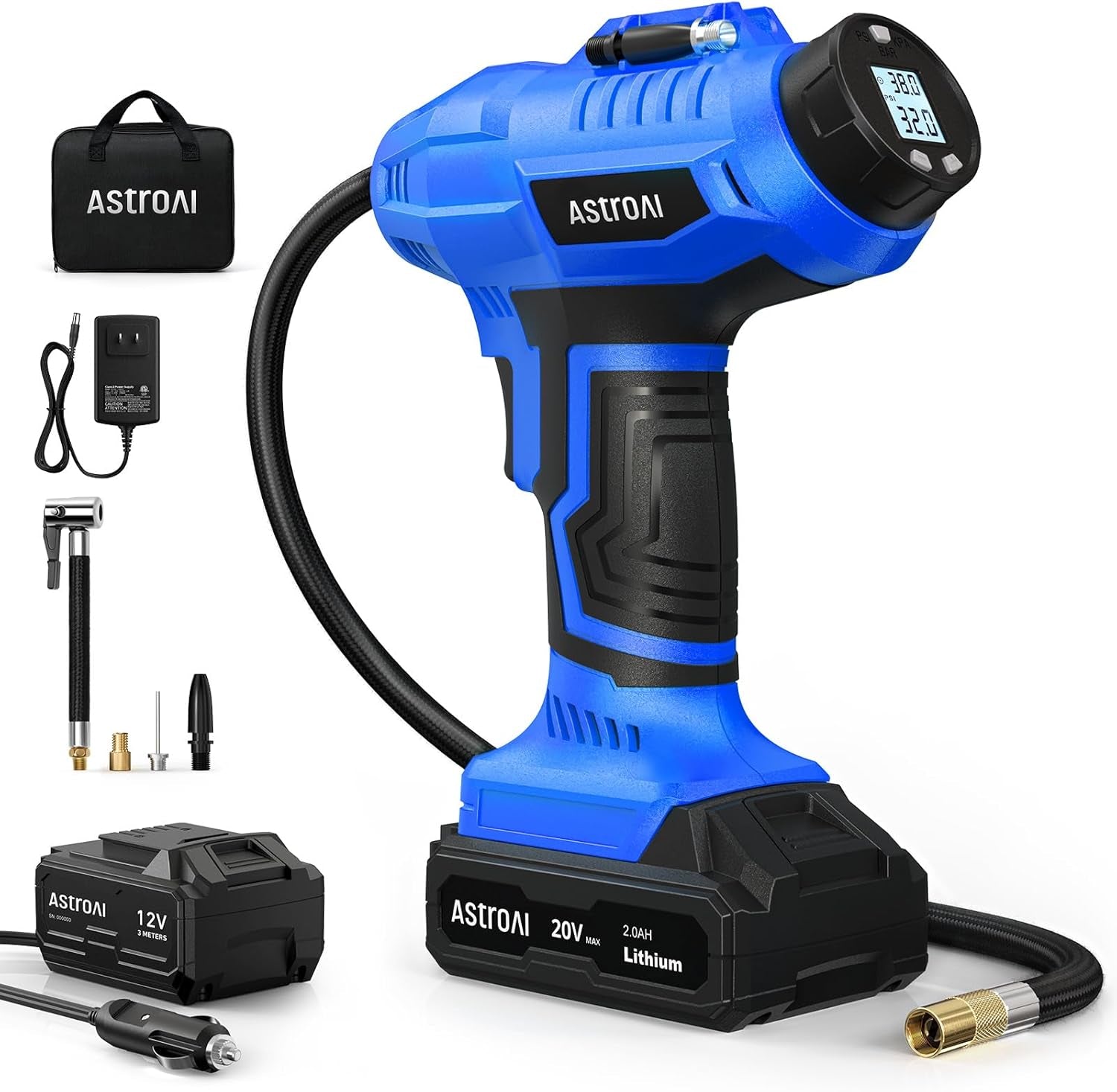 C2 Portable Cordless Tire Inflator - 20V Rechargeable Air Compressor with 160PSI, Digital Pressure Gauge & 12V Car Adapter for Cars & Motorcycles - Sleek Blue Design