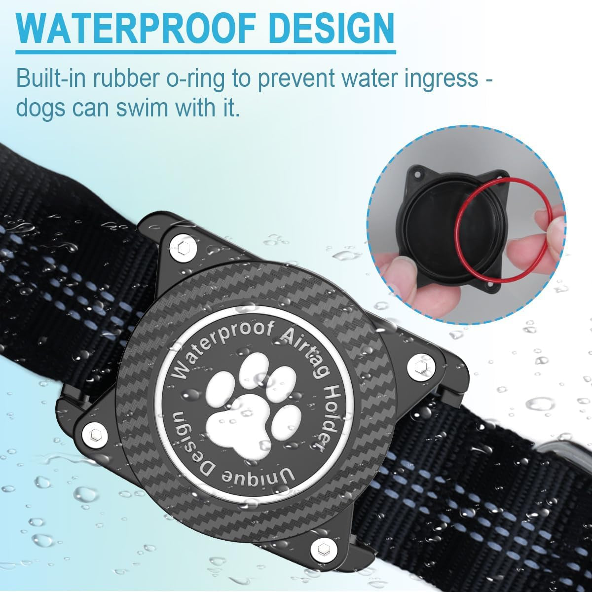 Glow-In-The-Dark Reflective Dog Collar with Waterproof Tracker Holder, Compatible with Apple Airtag, Blue, Medium