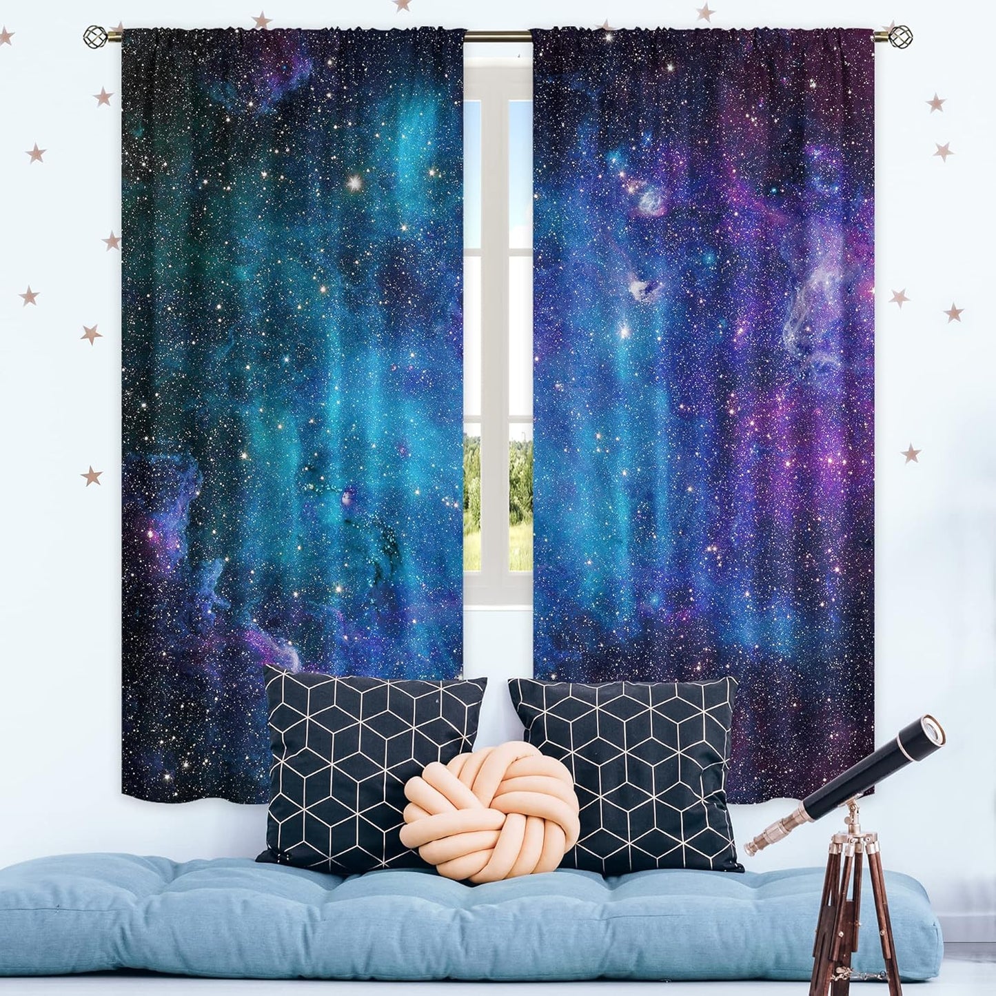 Kids Galaxy Nebula Curtains - 42"x63" Rod Pocket Drapes for Boys & Girls - Blue Universe with Planets & Stars - Perfect for Fantasy Bedrooms & Living Rooms - 2 Panels