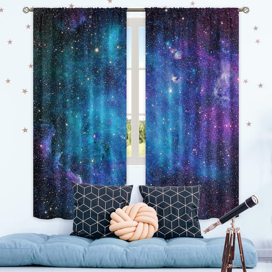 Kids Galaxy Nebula Curtains - 42"x63" Rod Pocket Drapes for Boys & Girls - Blue Universe with Planets & Stars - Perfect for Fantasy Bedrooms & Living Rooms - 2 Panels