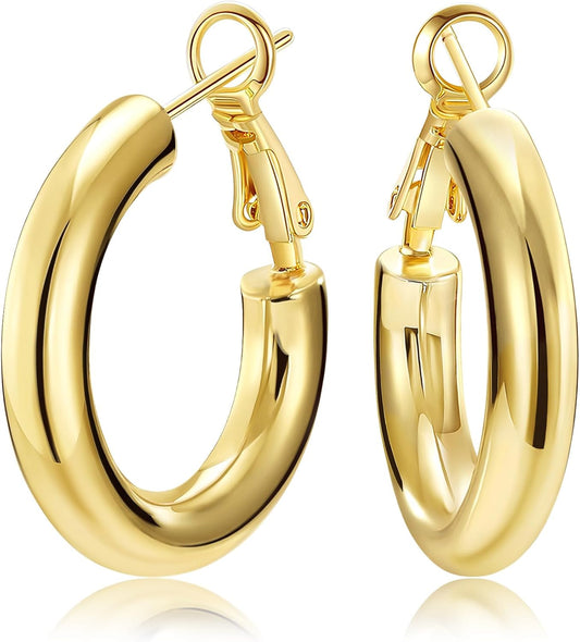 Chunky Gold Hoop Earrings, 14K Gold Plated, Lightweight Hollow Tube