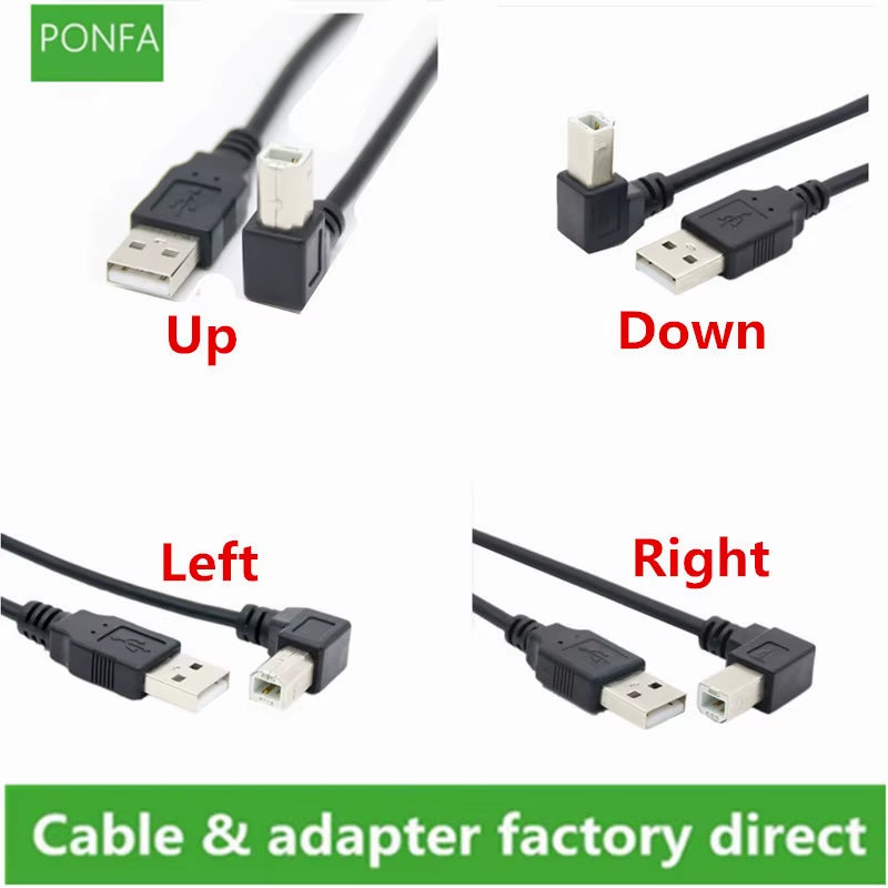 High-Speed USB 2.0 Male to Male Angled Cable for Printers & Scanners - 90 Degree Bend, 0.3M to 1.5M Length Options