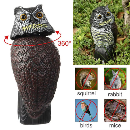 Realistic Owl Decoy with Rotating Head, Garden Bird Deterrent