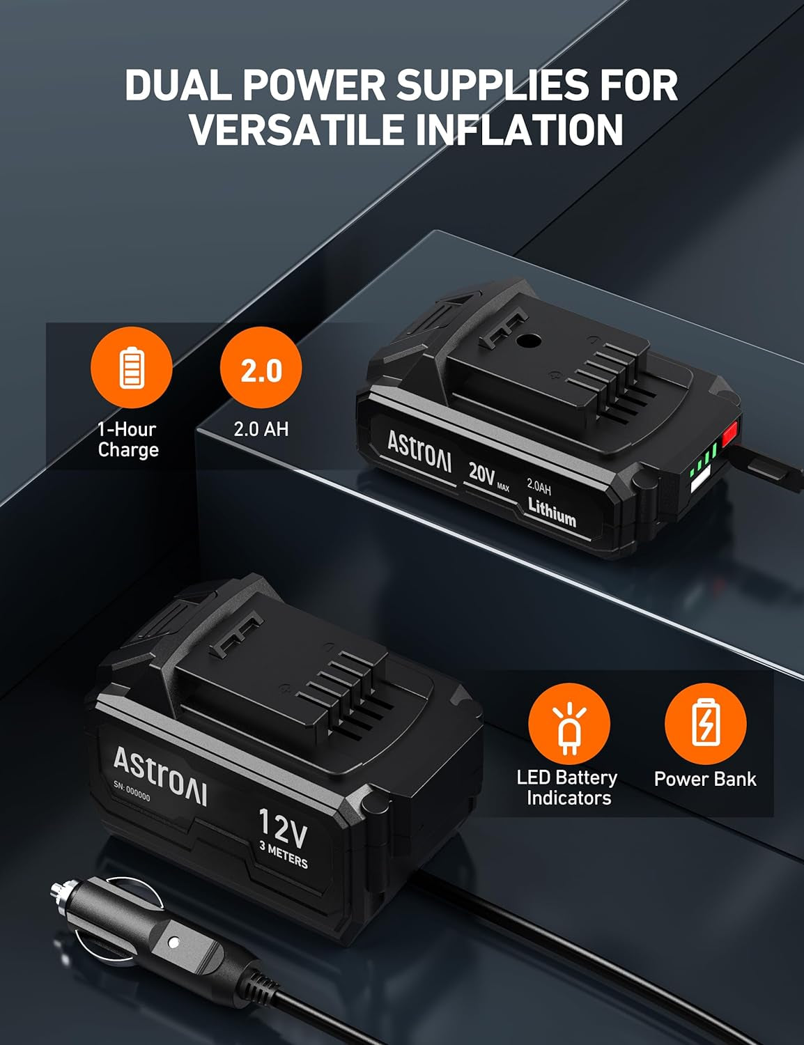 C2 Portable Cordless Tire Inflator - 20V Rechargeable Air Compressor with 160PSI, Digital Pressure Gauge & 12V Car Adapter for Cars & Motorcycles - Sleek Blue Design