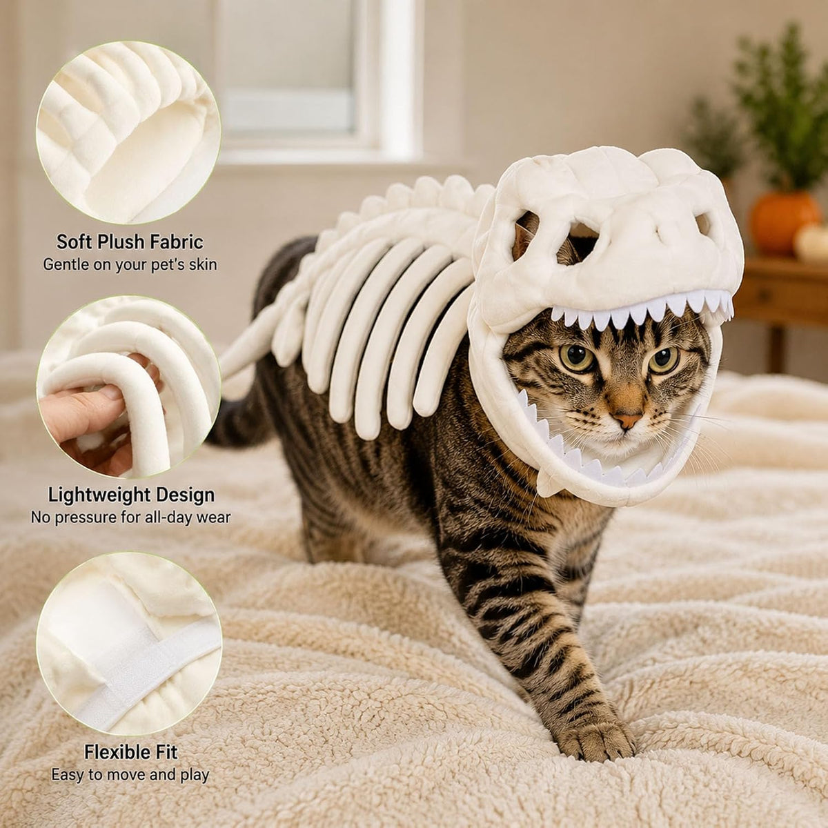 Glow-In-The-Dark Plush Pet Dinosaur Costume, White, Small