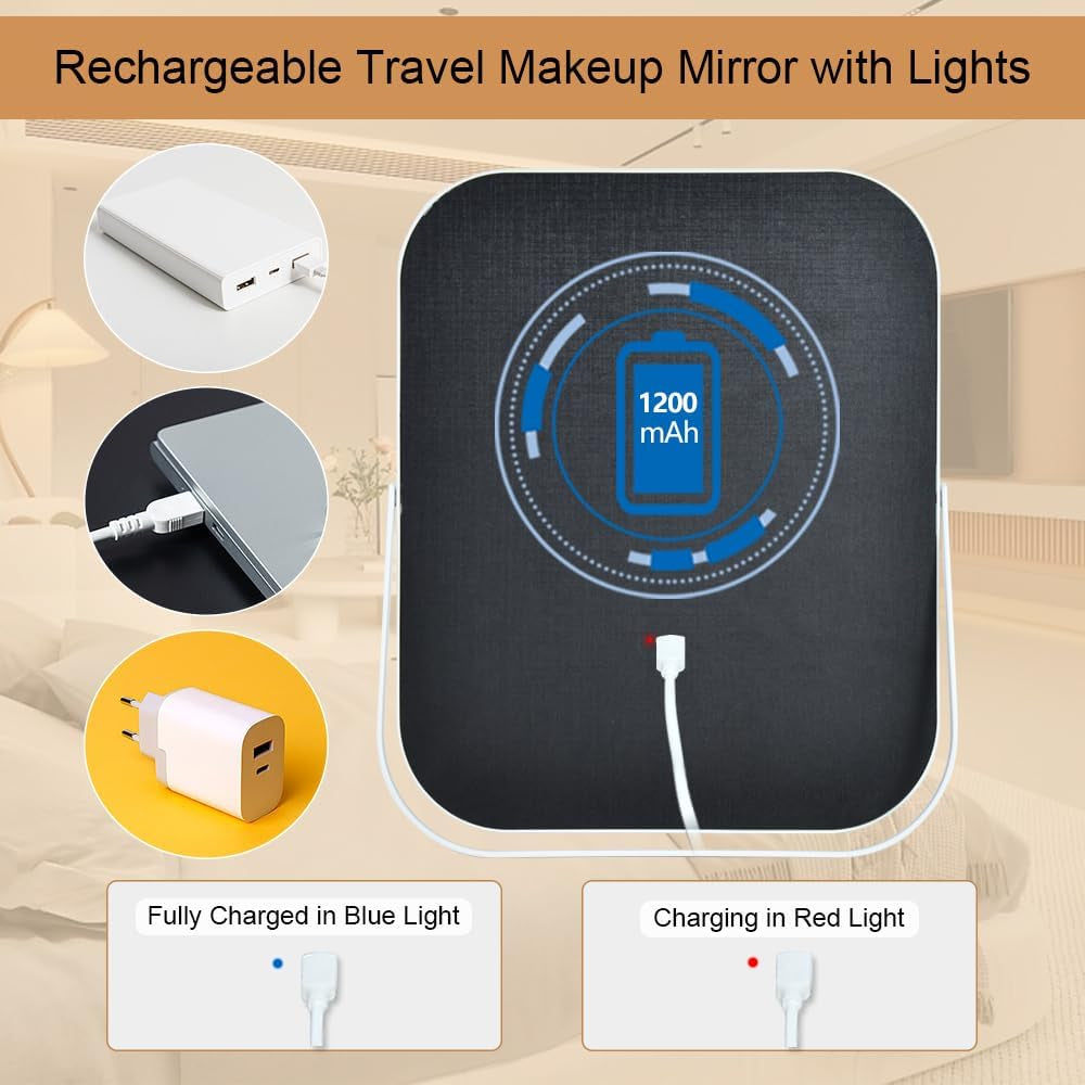 Rechargeable Lighted Makeup Mirror, 10 X 8 In, 3-Color Touch Lighting
