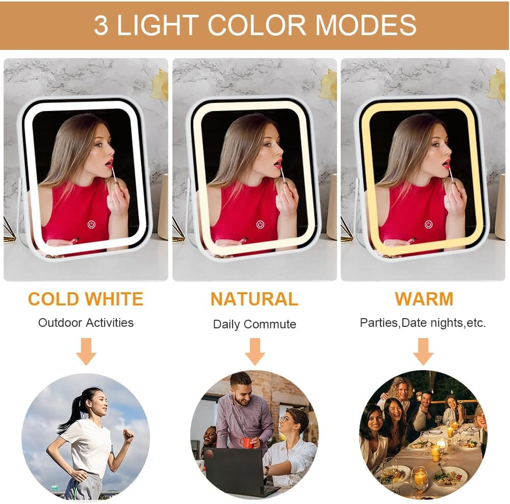Rechargeable Lighted Makeup Mirror, 10 X 8 In, 3-Color Touch Lighting