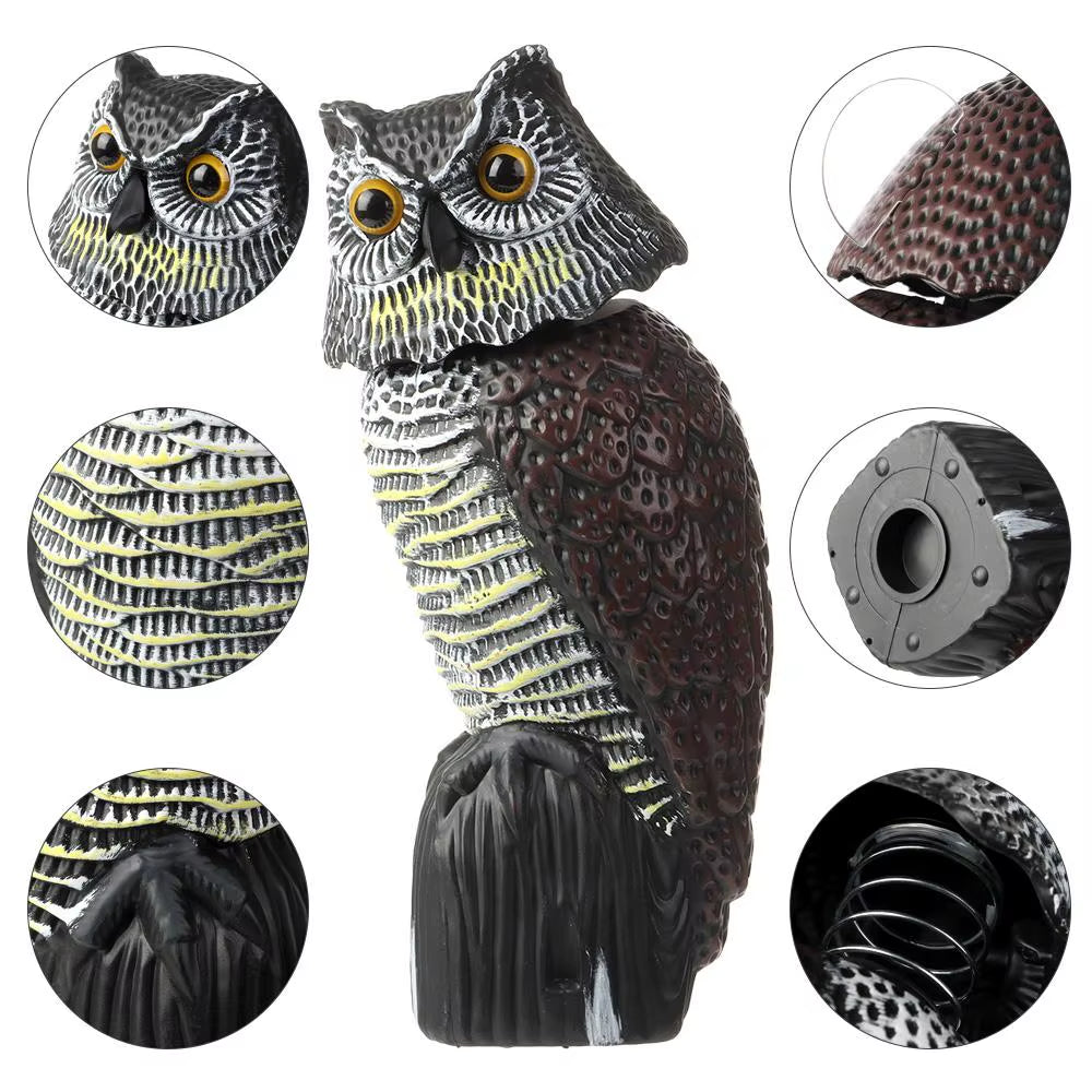 Realistic Owl Decoy with Rotating Head, Garden Bird Deterrent