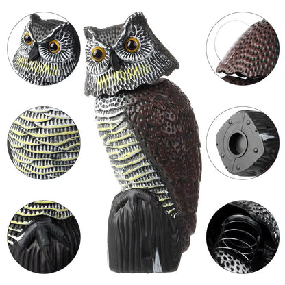 Realistic Owl Decoy with Rotating Head, Garden Bird Deterrent