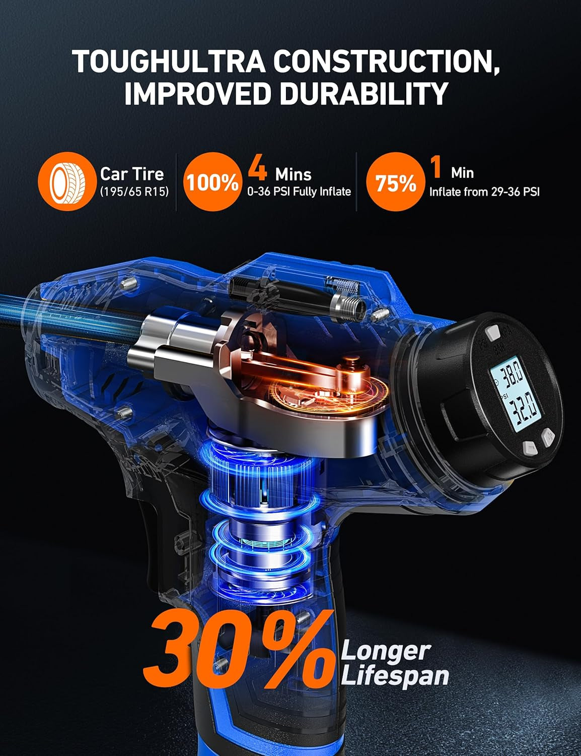 C2 Portable Cordless Tire Inflator - 20V Rechargeable Air Compressor with 160PSI, Digital Pressure Gauge & 12V Car Adapter for Cars & Motorcycles - Sleek Blue Design
